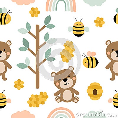 Seamless pattern Bear bees honey vector illustration. Pink and blue trees cloud rainbow Cartoon Illustration